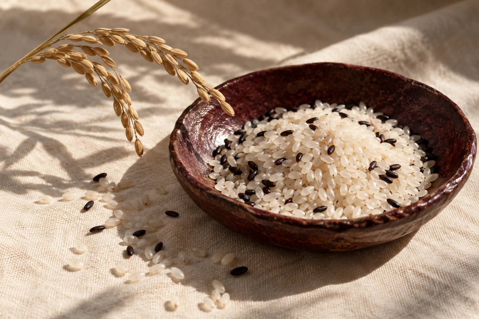 White and black rice in a ceramic dish, an ingredient still life